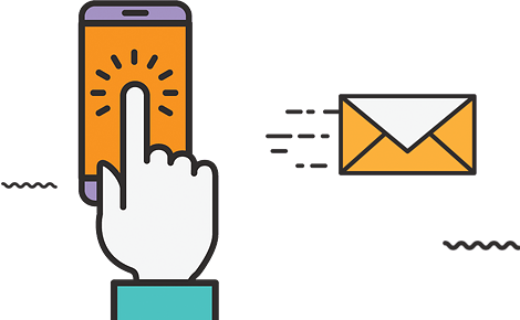 Hand interacting with smartphone displaying notification, next to envelope icon